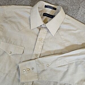Panhandle Slim Mens‎ Large (16x34) Cream Grid Plaid Long Sleeve Pearl Snap Shirt